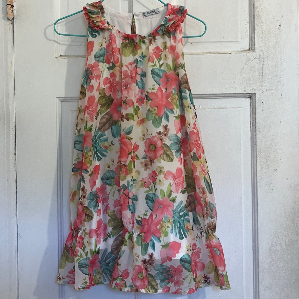 Mayoral White Floral Ruffle Neck Dress with Pink & Green Print in size 7/8